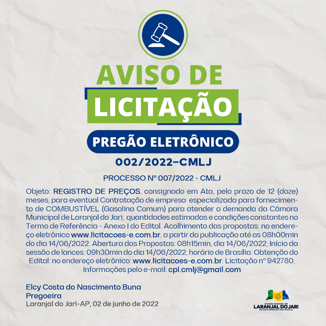 Pregão Eletrônico 002/2022 CMLJ - Contratação de empresa especializada para fornecimento de COMBUSTÍVEL