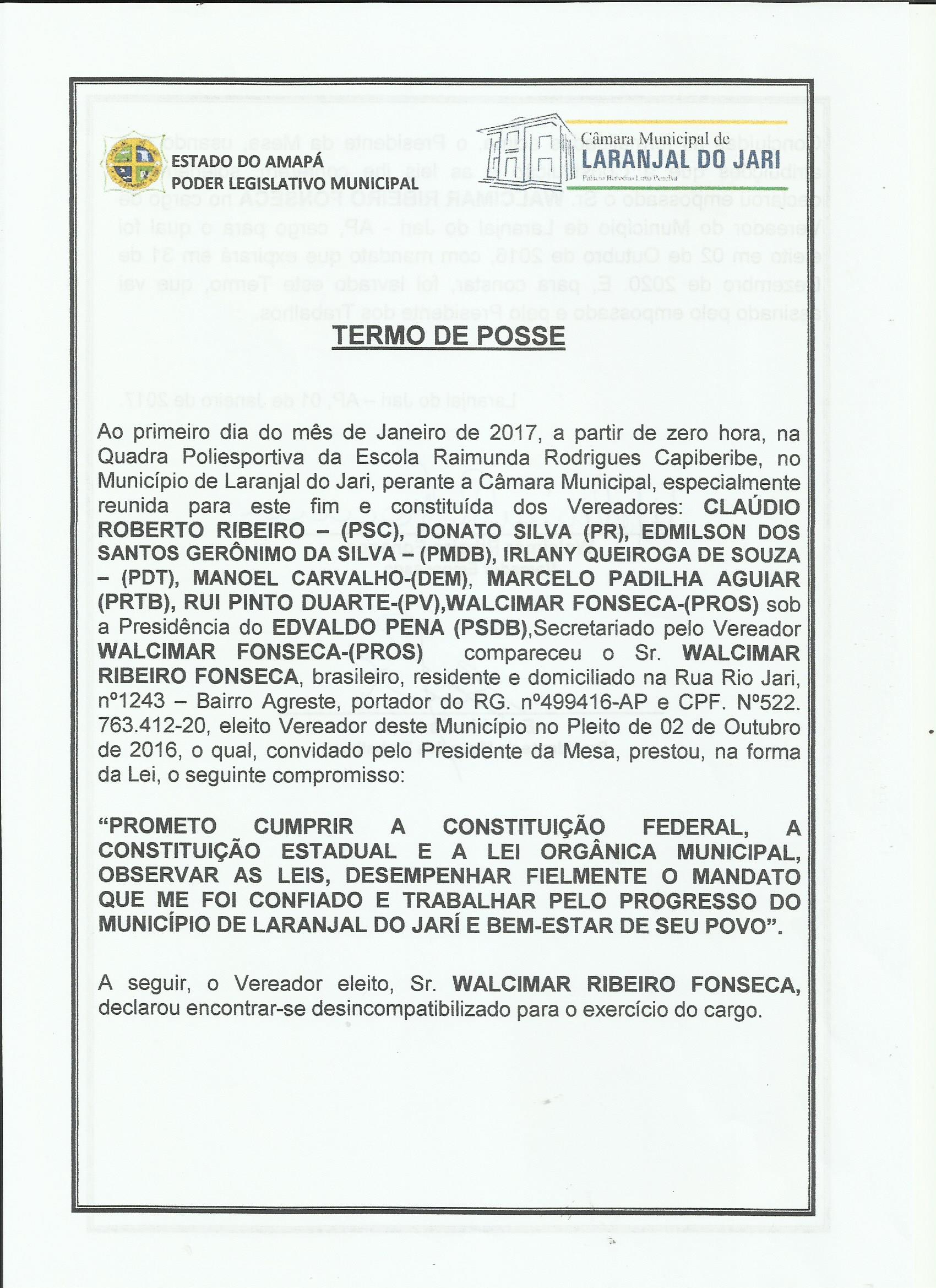 Termo de Posse do Vereador Walcimar Fonseca, Frente.jpg