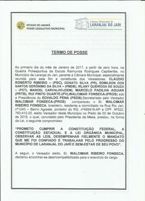 Termo de Posse do Vereador Walcimar Fonseca, Frente.jpg